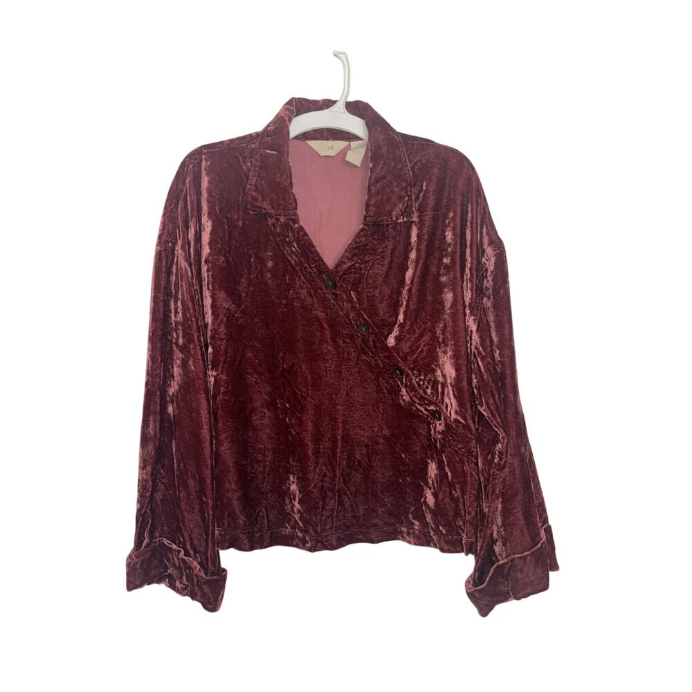 Rose Pink Crushed Velvet Asymmetrical Button Boxy Top SP Long Sleeve Artsy Twee